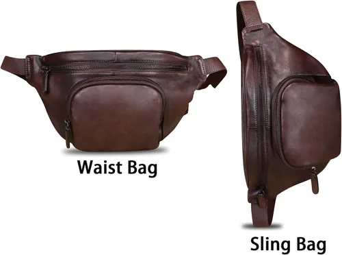 Vista 2 de Riñonera de cuero genuino para mujeres y hombres, bolso cruzado de cuero real vintage, bolso cruzado de moda para la cintura, Café, Riñonera