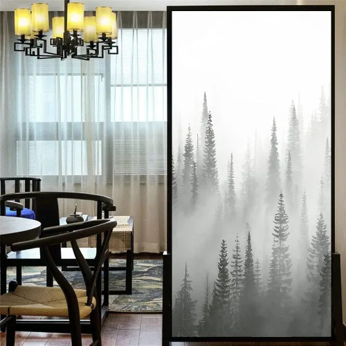 Vista 2 de Adhesivos decorativos de privacidad para ventanas de bosque de montaña, sin pegamento, esmerilado (16.5 x 23.6 pulgadas)