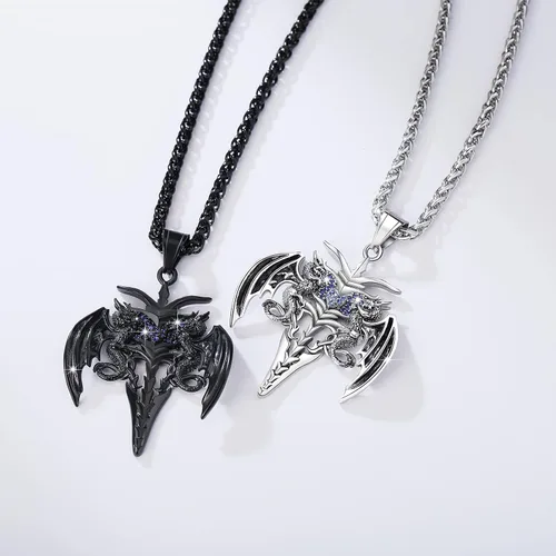 Vista 28 de YAMI Collar de alas angulares para hombre, ángel de la guarda, dragón, cuervo, pulpo, collar de anime, collar de acero inoxidable 316
