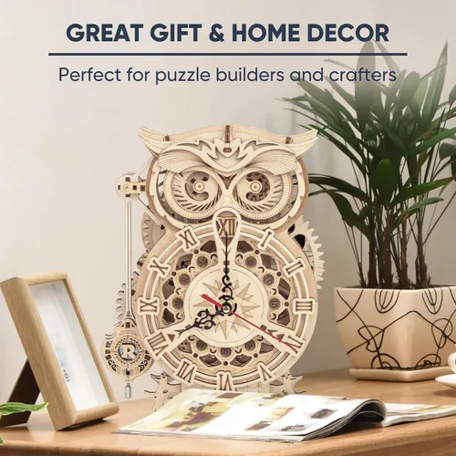 Vista 3 de ROKR Rompecabezas de madera 3D para adultos, kits de reloj mecánico, reloj de búho, kits de construcción de modelos de bricolaje, rompecabezas