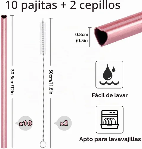 Vista 4 de NiHome - Juego de 10 pajitas de acero inoxidable con forma de corazón de 30 cm para vaso Stanley de 40 oz, con 2 cepillos de limpieza, reutilizables