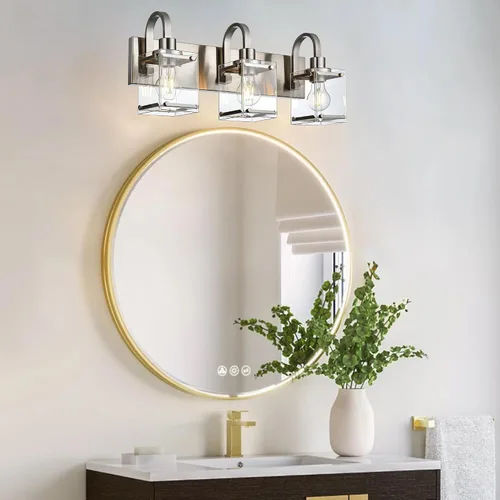 Vista 2 de Lámparas de tocador de baño de 3 luces, modernas luces de tocador con pantalla de vidrio transparente, lámpara de pared de níquel cepillado