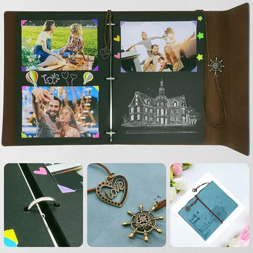 Vista 4 de SEEHAN Álbum de fotos de cuero de 8.5 x 11 pulgadas, diario de viaje, libro de recortes, libro de fotos de recuerdos de amor para parejas, álbum