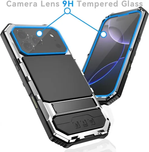 Vista 2 de Metal Case for iPhone 17 Pro Max/17 Pro/Air/17, Heavy Duty Screen Protector Cover with Kickstand Military Shock Protection Shell,Silver,17 Plateado