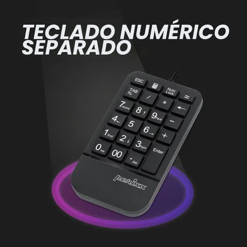 Vista 4 de Perixx PERIDUO-606A, teclado ergonómico compacto inalámbrico 3 en 1 con mouse vertical y teclado numérico, reposamanos ajustable, rueda inclinable