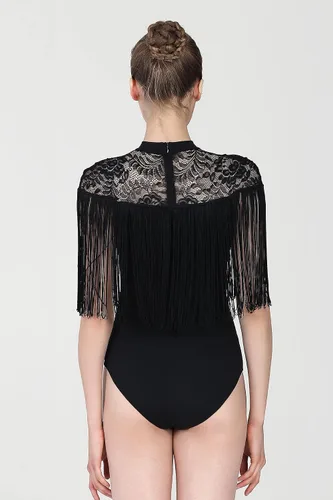 Vista 2 de Maillot de rendimiento con flecos para mujer, Sofia - Leotardo negro con flecos y canesú de encaje elástico
