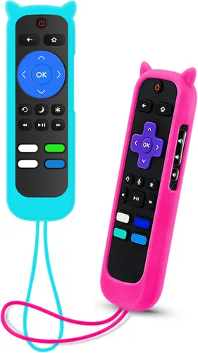 Vista 7 de ONEBOM - Juego de 2 fundas para control remoto Roku con diseño de orejas de Azul resplandor y rosa brillante