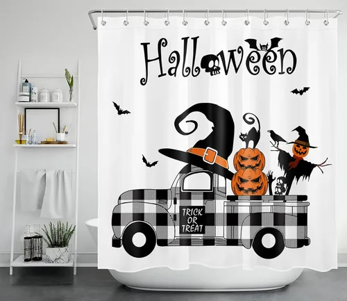 Vista 21 de LB Cortina de ducha de Halloween, cementerio de terror, fantasma, gatos negros en árbol, calabaza, cortinas de ducha para baño con ganchos, 60 x 72