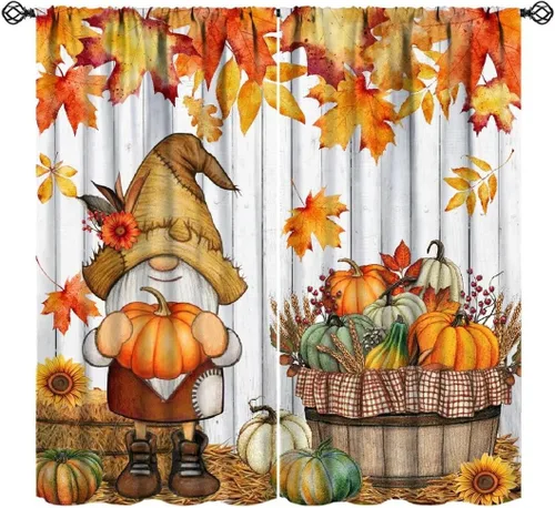 Vista 9 de Cortinas de calabaza de animales, lindos dibujos animados de animales del bosque, hojas de otoño y hongos, estampado de hojas y hongos, tratamientos