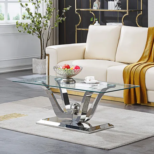 Vista 22 de SSLine Mesa de centro moderna de 1 pieza para sala de estar, mesa de centro de vidrio templado de lujo con base de acero inoxidable en forma de flor