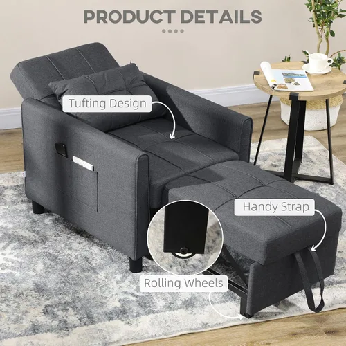 Vista 7 de HOMCOM - Silla convertible 3 en 1 para cama, sofá cama individual, color gris Extraíble, respaldo ajustable, almohada, bolsillos, multifuncional