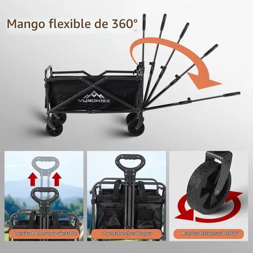 Vista 5 de WUROMISE Beach Wagon - Carro de carro con ruedas plegable, carrito de jardín resistente con ruedas giratorias, gran capacidad y mango ajustable