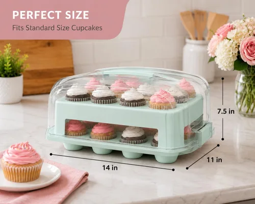 Vista 4 de Transportador de Cupcakes, TAPA EXTRA ALTA, Soporte Verde para Cupcakes que Transporta 24 Cupcakes de Tamaño Estándar, Transportador de Magdalenas
