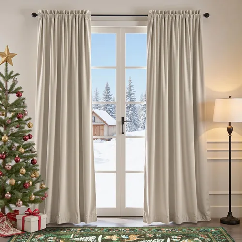 Vista 54 de Lazzzy Cortinas opacas de terciopelo beige de 84 pulgadas de largo con aislamiento térmico para oscurecer la habitación, cortinas forradas de lujo