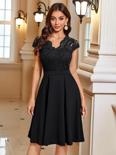 Vista 4 de MISSMAY Vestido de cóctel con cuello en V y encaje floral retro para mujer