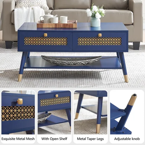 Vista 5 de JYED Mesa de café moderna de madera de mediados de siglo con cajones de almacenamiento decorados con malla metálica, mesa central de acento azul
