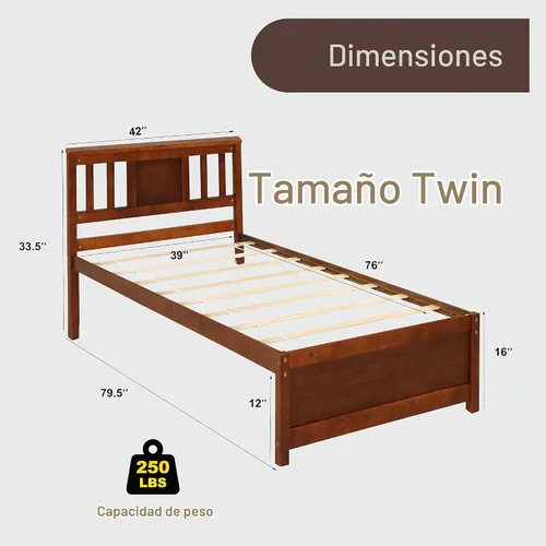 Vista 2 de KOMFOTT Base de cama de plataforma de madera individual con cabecero, plataforma de madera maciza con soporte de listones y almacenamiento debajo