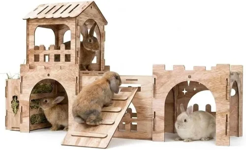 Vista 10 de HIIMALEX Extra Grande Casa de Castillo de Conejo de Madera Multipiso Torre de Escalada Escondite Ventilado Hábitat Resistente para Conejo, Cobaya