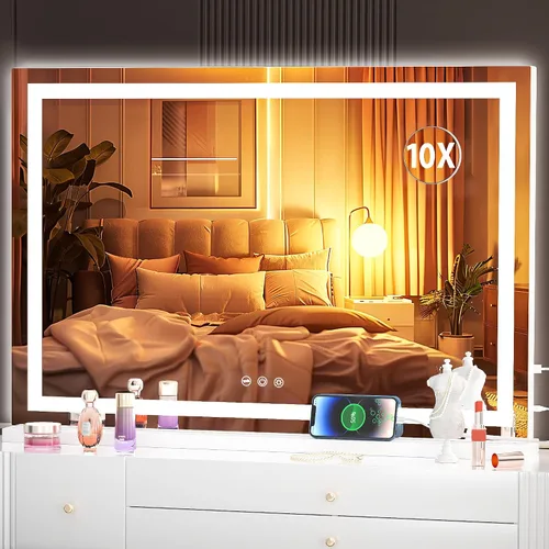 Vista 10 de Hasipu Espejo de tocador con luces, espejo LED de maquillaje de 31.5 x 22 pulgadas, espejo de maquillaje iluminado con 3 modos regulables, espejo