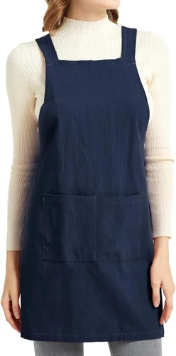 Vista 10 de ELEZAY Delantales para mujer con bolsillos, talla grande, cómodo, espalda cruzada, sin lazo, delantal de lino y algodón Verde