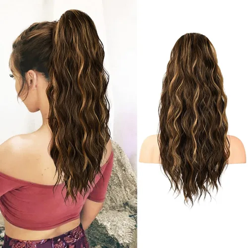 Vista 37 de FLUFYMOOZ Extensión de cola de caballo de 22 pulgadas, extensiones de cabello sintético ondulado largo y rizado para mujer