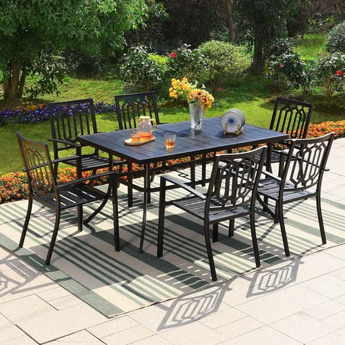 Vista 6 de PHI VILLA Juego de comedor al aire libre de 7 piezas para 6, mesa rectangular de metal negro de 60 pulgadas con agujero para sombrilla y sillas
