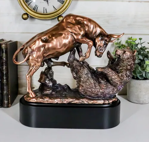 Vista 2 de Ebros Wall Street - Estatua de oso trouncing con base de pedestal, escultura de resina galvanizada de bronce de toro contra oso, regalos ideales