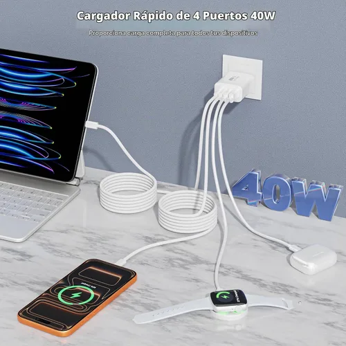 Vista 3 de Cargador de carga rápida para iPhone 17 16 15 Pro Max de 10 pies, 40 W, paquete de 2 4 puertos PD y AC, cable de carga rápida USB C a C de 10 pies