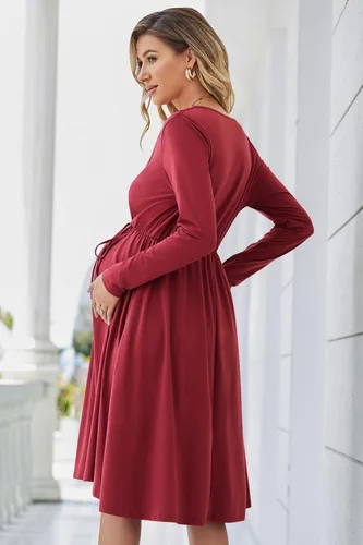 Vista 5 de OUGES Vestido de maternidad para mujer 2023, manga larga, cuello en V, vestidos de embarazo con bolsillos