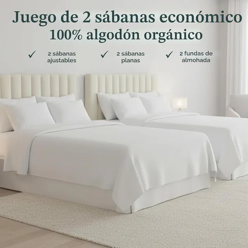 Vista 3 de California Design Den Juego de 2 sábanas individuales - 100% algodón orgánico, sensación de percal crujiente y transpirable, sábanas blancas de 01