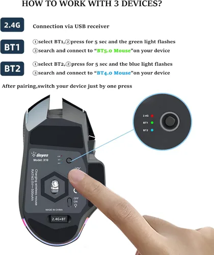 Vista 2 de NYIEFADA Ratón Bluetooth inalámbrico recargable, reposamuñecas, 4000 DPI, 10 botonesatajos, diseño ergonómico de silencio USB-C RGB, mano derecha