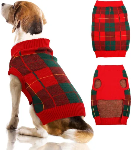 Vista 11 de QBLEEV Suéter navideño clásico a cuadros para perro, suéter elástico cálido con agujero para correa, suéteres de Navidad de cuello alto