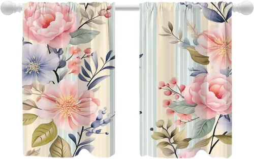 Vista 33 de Shrahala Beige and Orange Abstract Art Brushstrokes Blackout Curtain Tiers, Abstract Oil Paint Kitchen Valance Light Blocking Tier Drapes with Rod