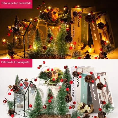 Vista 5 de Guirnalda de Navidad con 20 luces LED de 6.5 pies, con luces de pino y baya roja, funciona con pilas, guirnalda de luces LED, decoraciones