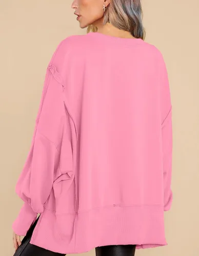 Vista 4 de BWQ Sudadera de gran tamaño para mujer, cuello redondo, manga larga, sin botones
