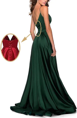 Vista 2 de Tvuyet Elegant Long Bridesmaid Dresses for Women Wedding with Slit V-Neck Pleated Formal Dress with Train Satin Evening Gowns