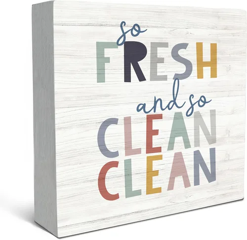 Vista 8 de SRADMO Letrero de madera con texto en inglés «So Fresh So Clean» para niños, decoración de escritorio con texto en inglés «So Fresh So Clean»