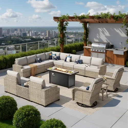 Vista 11 de HOOOWOOO Juego de muebles seccionales de patio con mesa de luz solar, 6 piezas de mimbre para exteriores, sofá en forma de L, juego de conversación