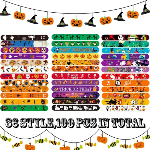 Vista 2 de SUNPROUND Pulsera de Halloween para niños, 100 piezas de pulseras a presión con diseño de araña, calabaza, fantasma, zombie, murciélago y brujas
