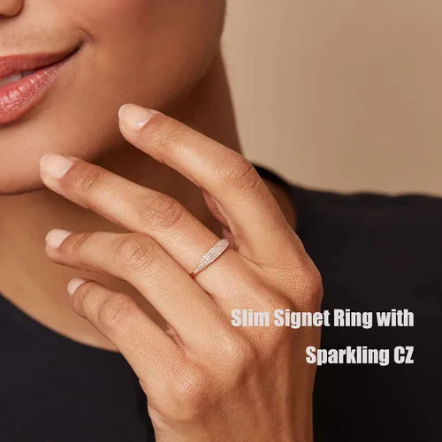 Vista 4 de PLOMFOV Juego de 9 anillos apilables con placa de oro de 14 quilates para mujer, anillos de circonita cúbica de ópalo en V, anillos delgados