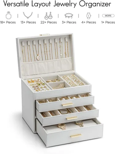 Vista 6 de Vlando Joyero grande de 4 capas Organizador de joyas, organizador de joyero para cajón, collar, anillo, pulsera y reloj, regalo de cumpleaños