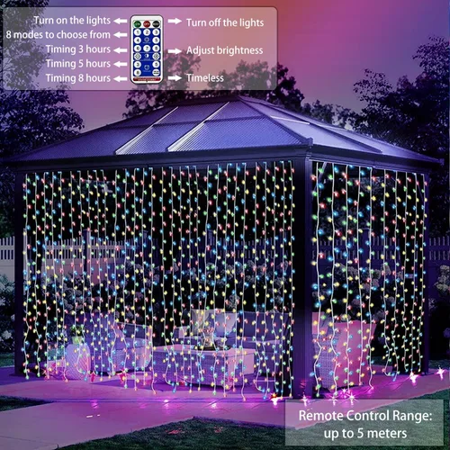 Vista 6 de Luces solares de cortina con control remoto, luces de jardín al aire libre, 300 LED, 8 modos, control remoto, impermeable, cascada solar, guirnalda