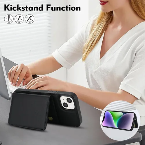 Vista 7 de Funda de teléfono para iPhone 13 Mini de 5.4 pulgadas con protector de pantalla de vidrio templado, correa de muñeca con bloqueo RFID, tarjetero