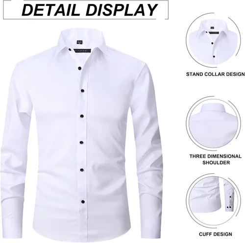 Vista 3 de Camisa de vestir para hombre, manga larga, ajustada, informal, con botones, color liso