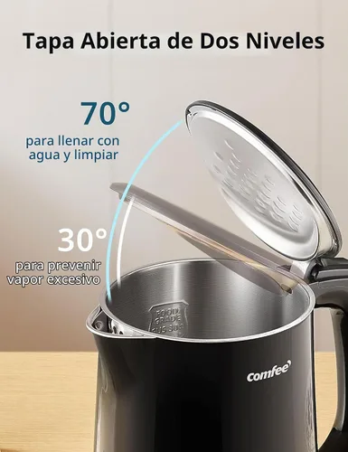 Vista 4 de Hervidor eléctrico y tetera de COMFEE', 1.5L de doble pared, interior de acero inoxidable, tapa y pico, hervido rápido, apagado automático y Negro