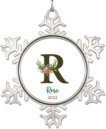 Vista 23 de Monograma inicial letra A copo de nieve, adorno de bayas de pino de Navidad para decoración de árbol de Navidad, adornos de Navidad personalizados