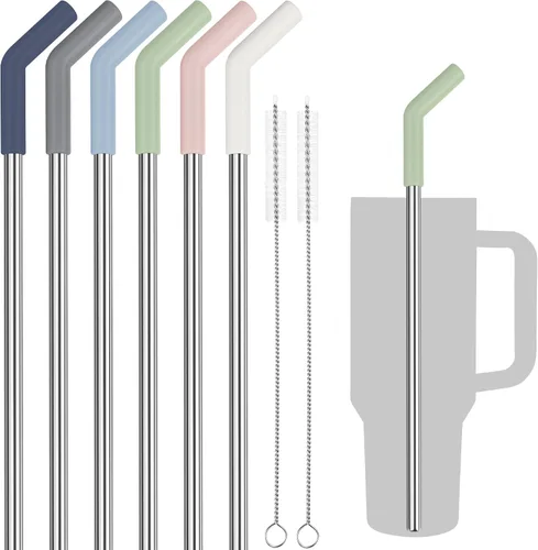 Vista 10 de Tomorotec 6 popotes de acero inoxidable con puntas de silicona para vaso Stanley de 40 onzas, juego de popotes reutilizables de 13 pulgadas