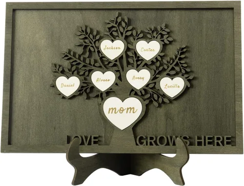 Vista 51 de Árbol genealógico con etiqueta de corazón, placas de madera grabadas personalizadas, regalos personalizados para madres, padres, escritorio, nombres