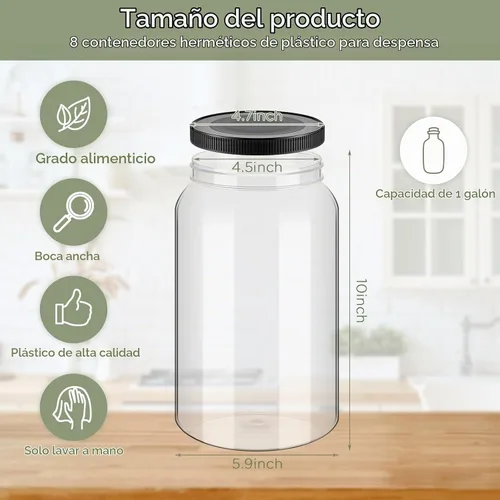 Vista 2 de Dandat 8 piezas 1 galón tarros de plástico transparente herméticos con tapa para despensa, tarros de boca ancha grandes, recipientes de plástico