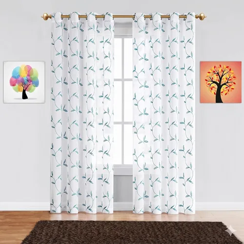 Vista 5 de Cortinas LinenZone de piso a techo para ventanas extra anchas. Cortinas transparentes blancas para divisores de habitación con bordado de hojas rosa